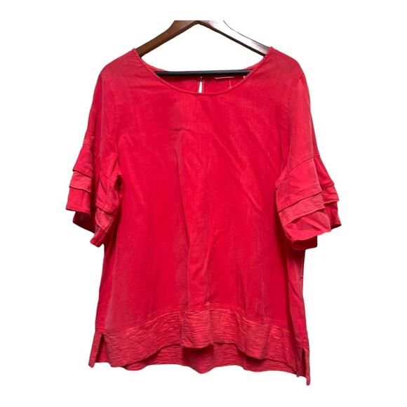 Soft Surroundings Coral 100% Tencel Soft Oakleigh Tiered Ruffle Sleeve Blouse - Picture 1 of 9